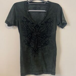 Y2K Affliction Women's V-Neck Green Grunge Rhinestone Shirt